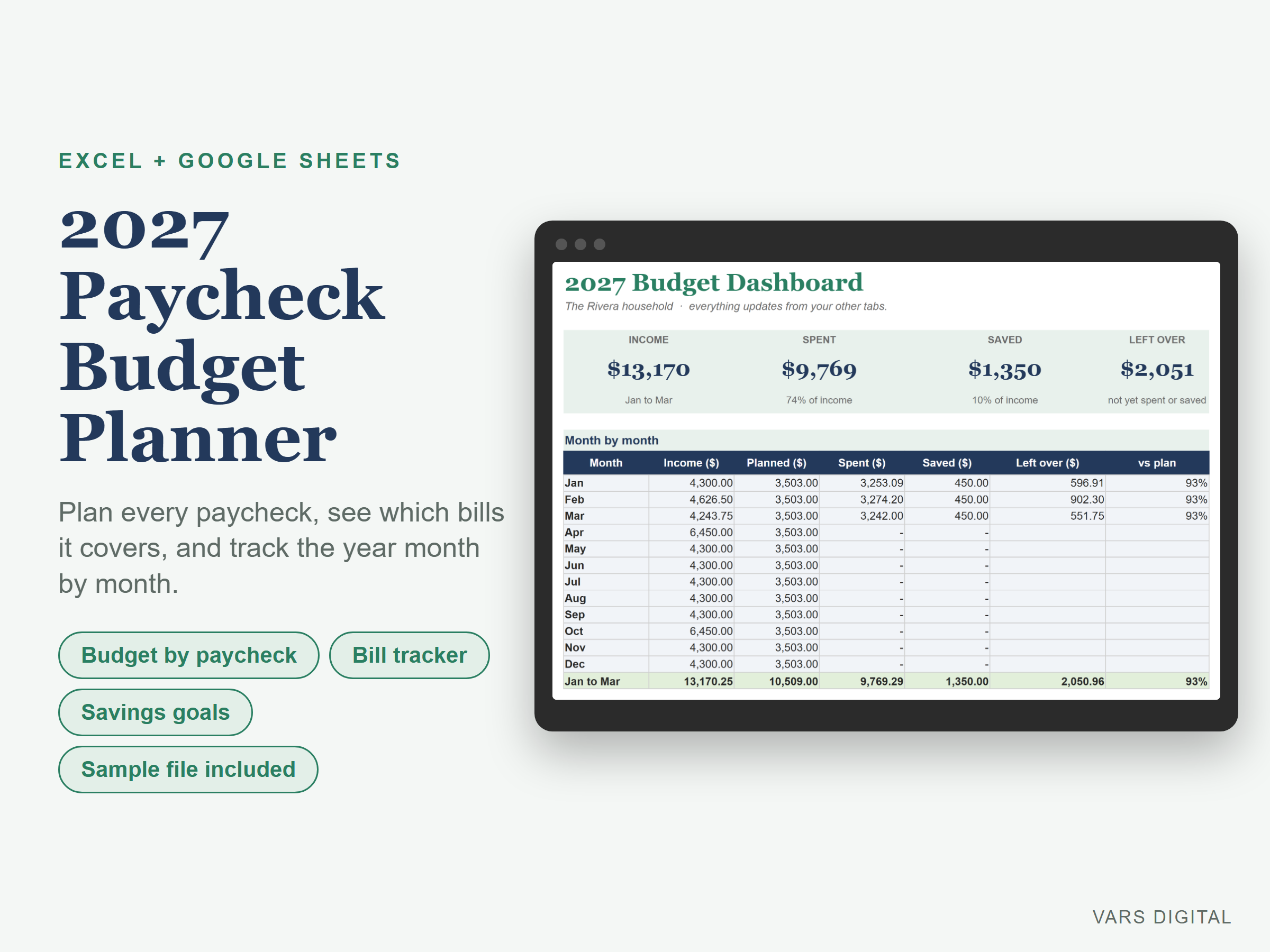 2027 Paycheck Budget Planner spreadsheet template preview