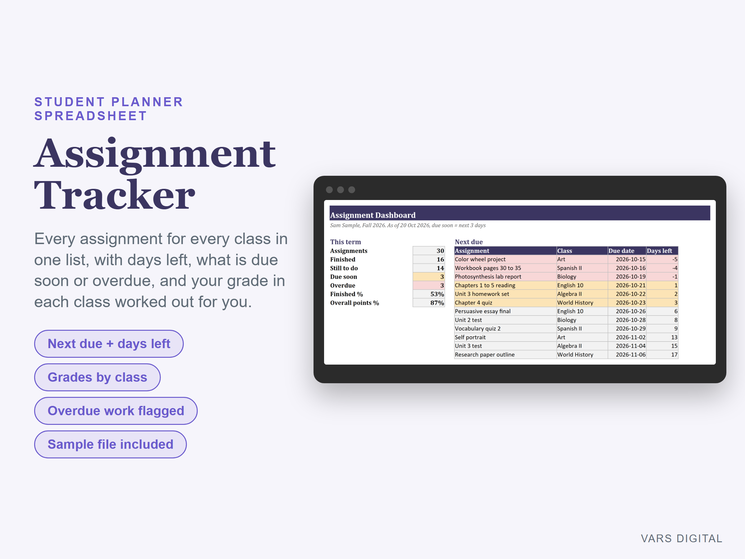 Assignment Tracker Spreadsheet spreadsheet template preview