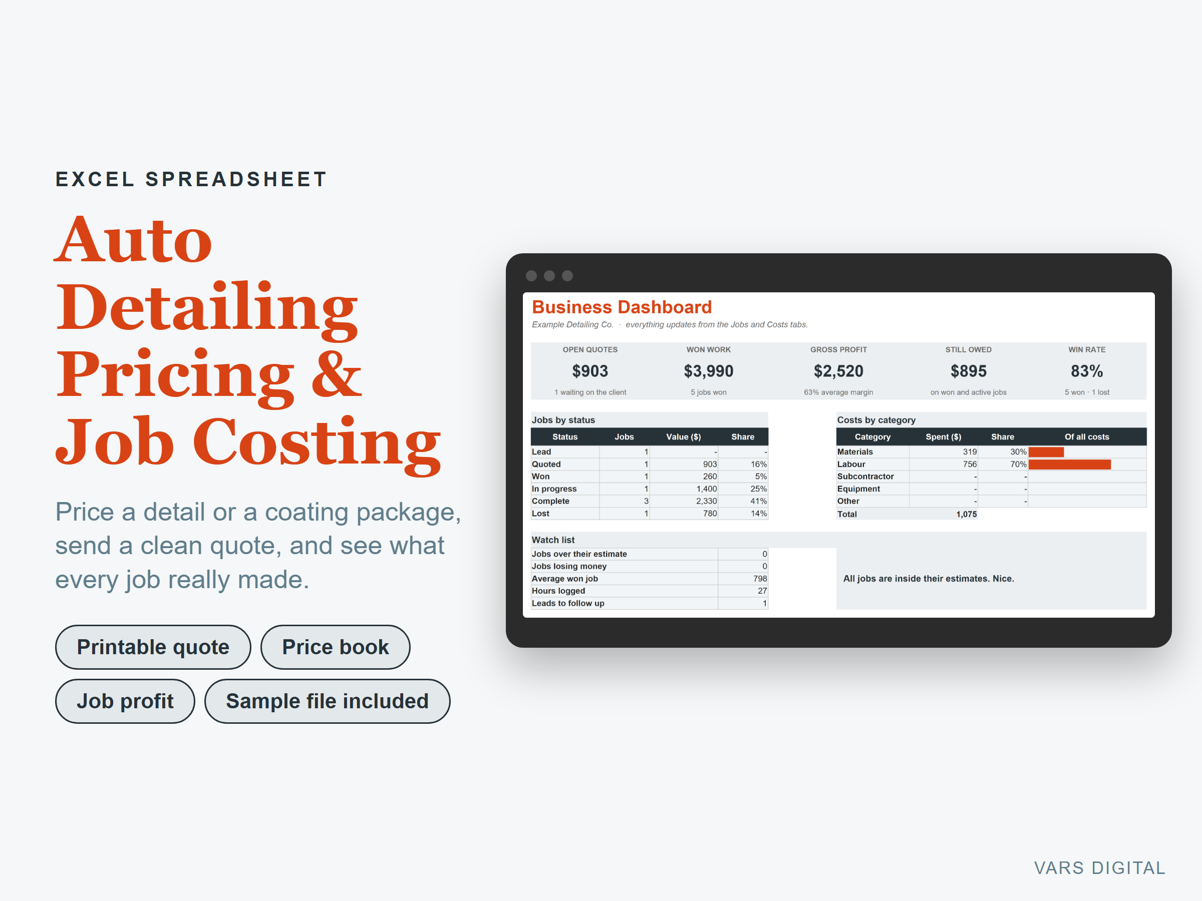 Auto Detailing Pricing & Job Costing spreadsheet template preview