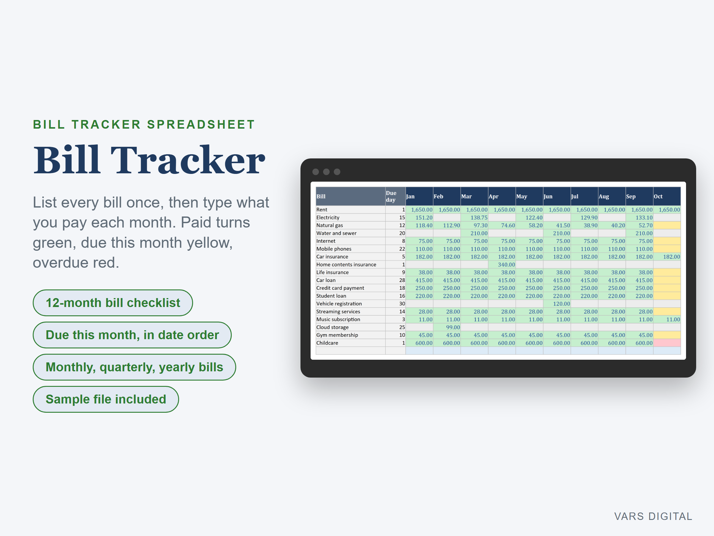 Bill Tracker spreadsheet template preview