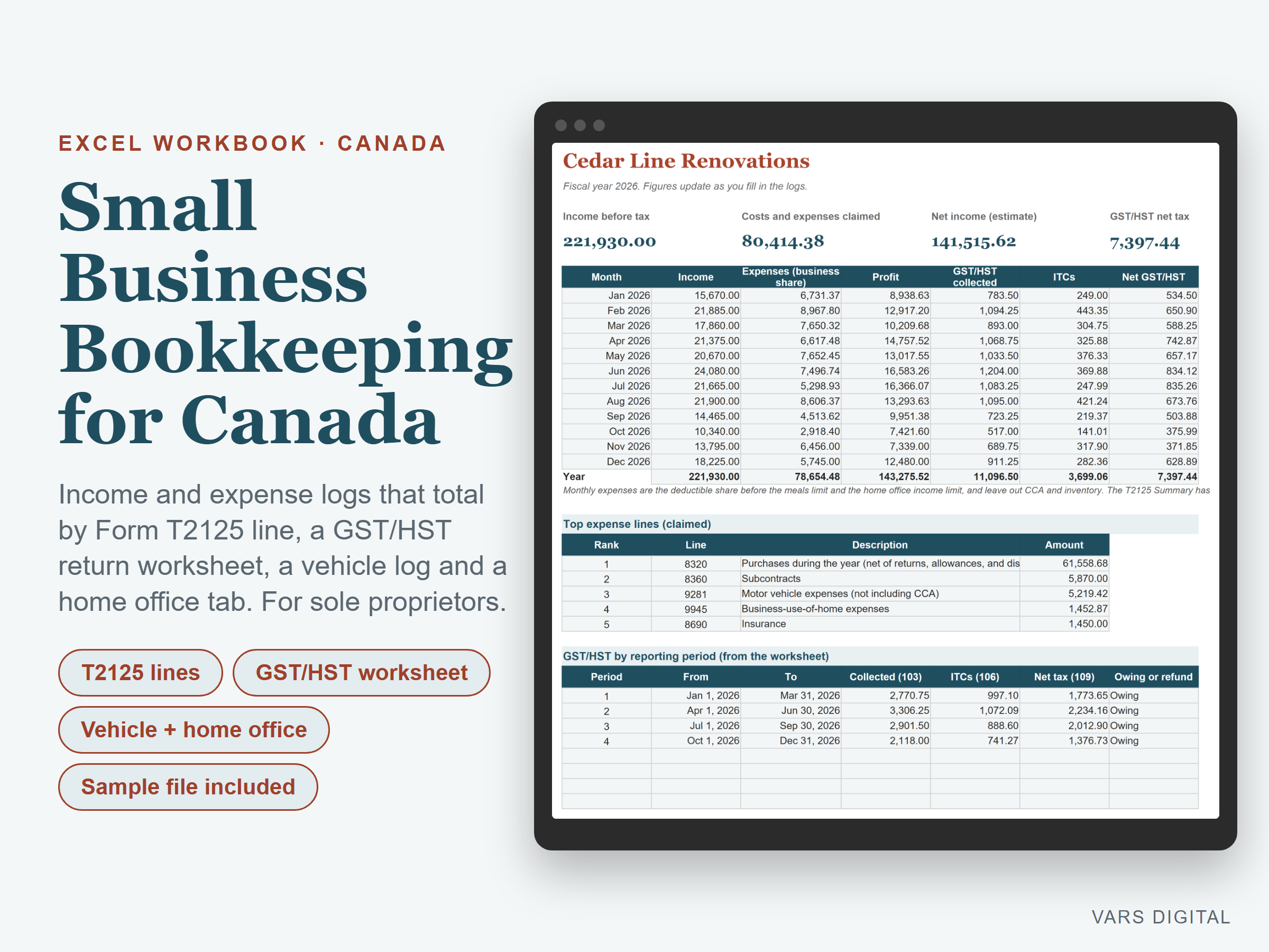 Canadian Small Business Bookkeeping spreadsheet template preview