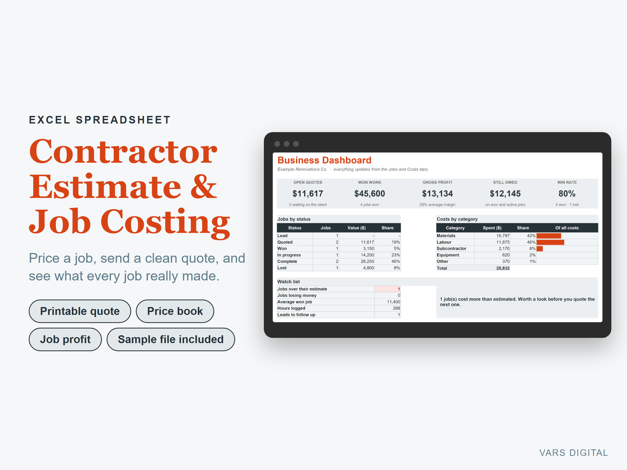 Contractor Estimate & Job Costing spreadsheet template preview