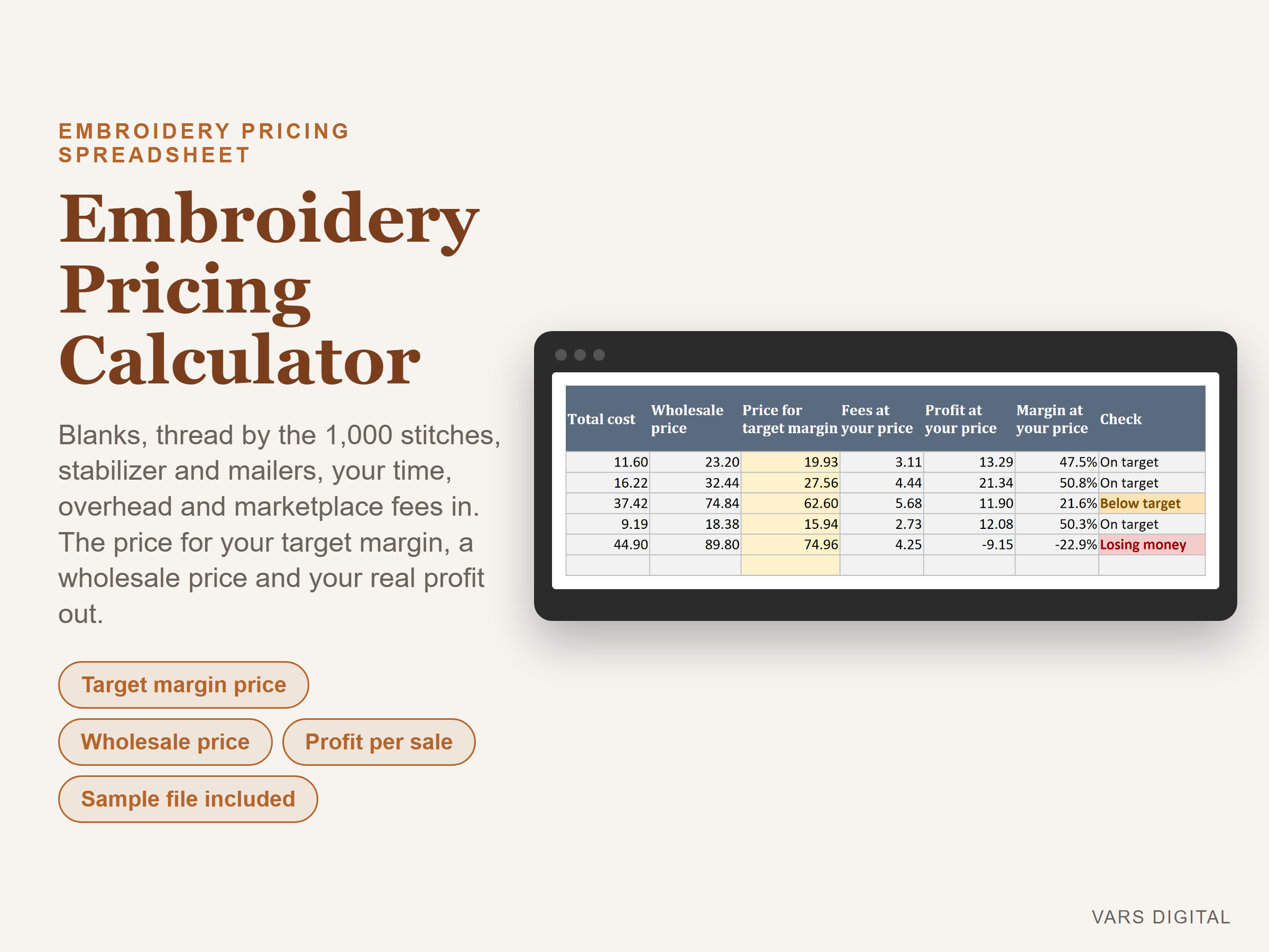 Embroidery Pricing Calculator spreadsheet template preview