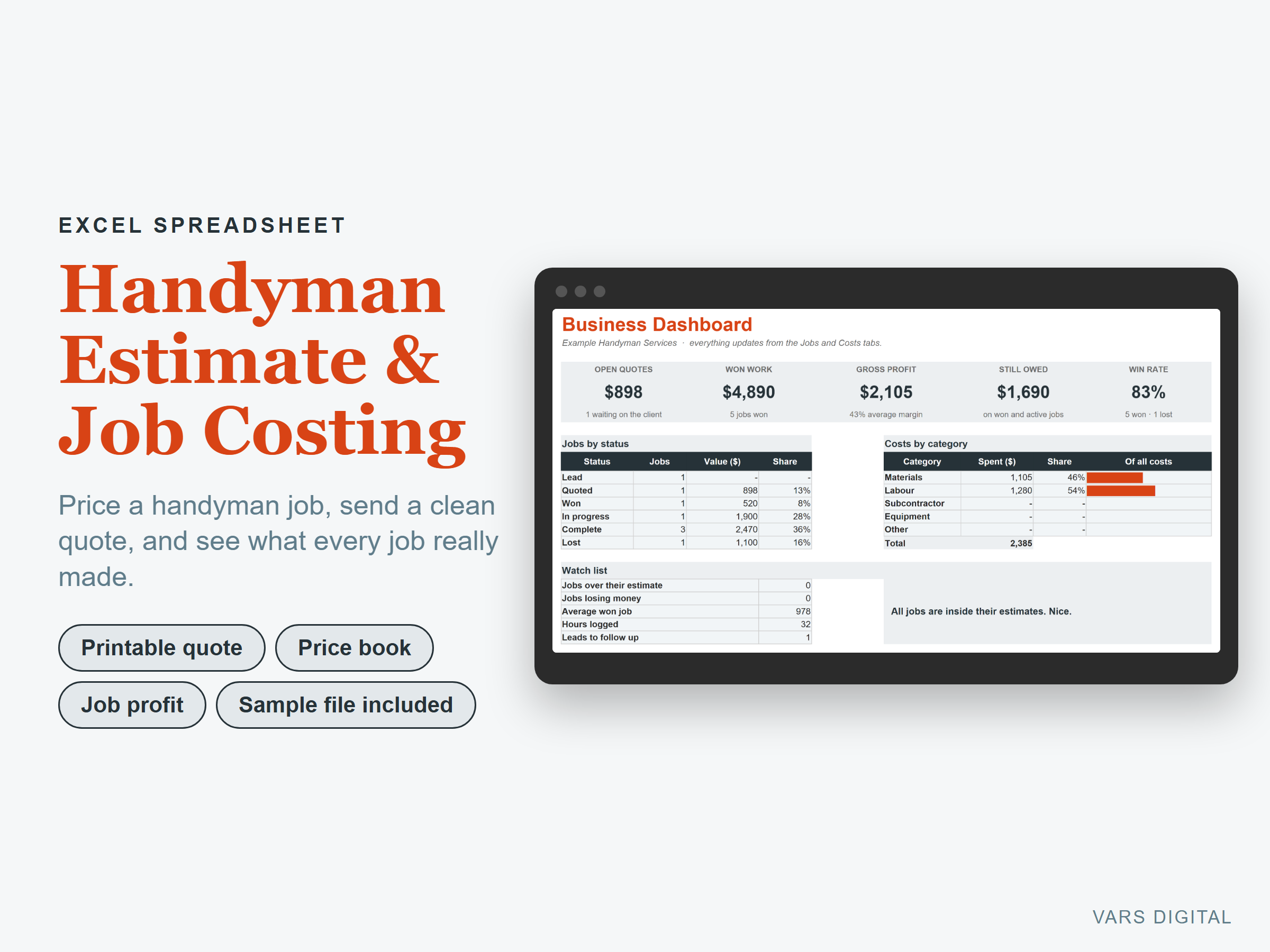 Handyman Estimate & Job Costing spreadsheet template preview
