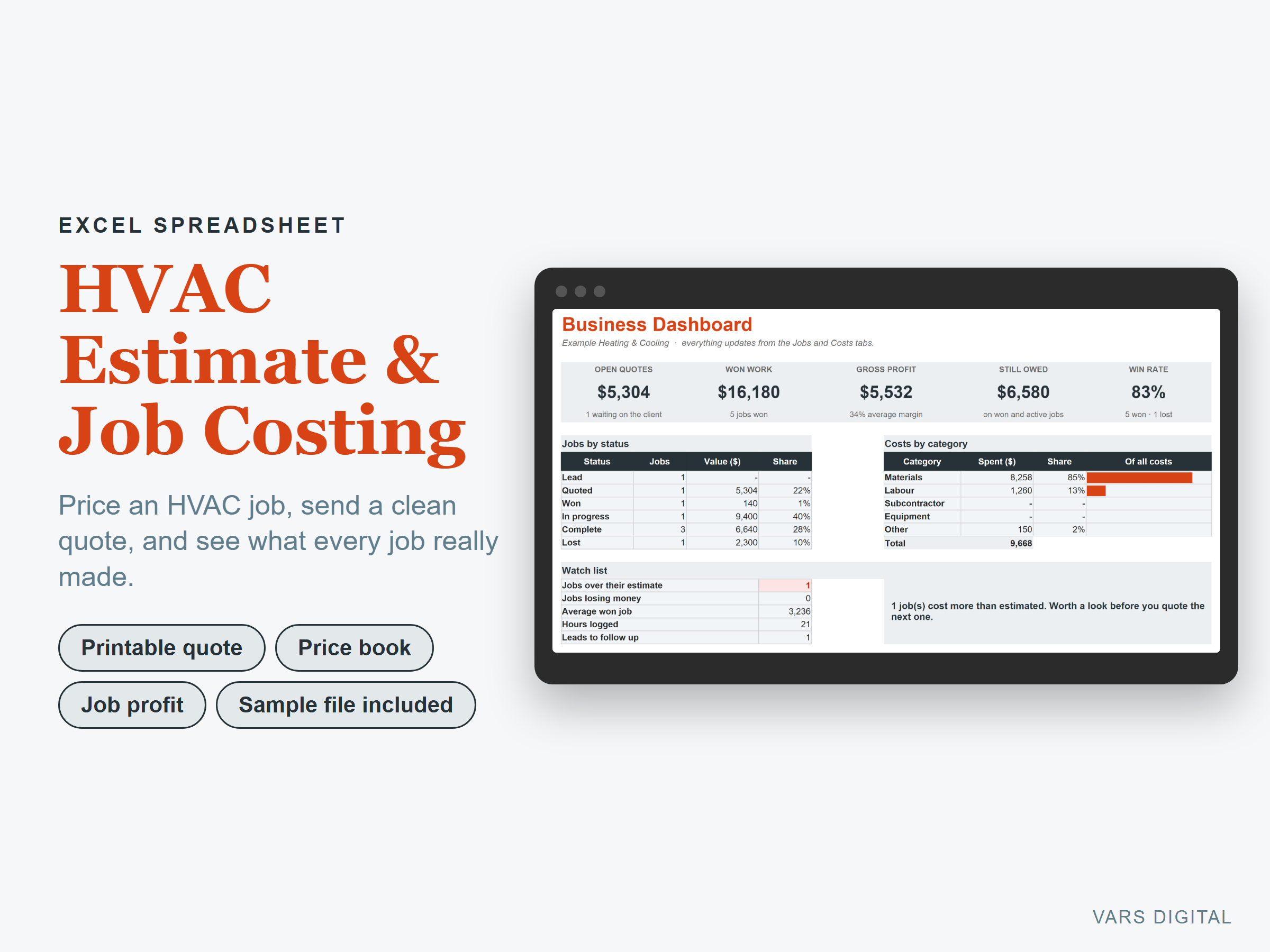 HVAC Estimate & Job Costing spreadsheet template preview