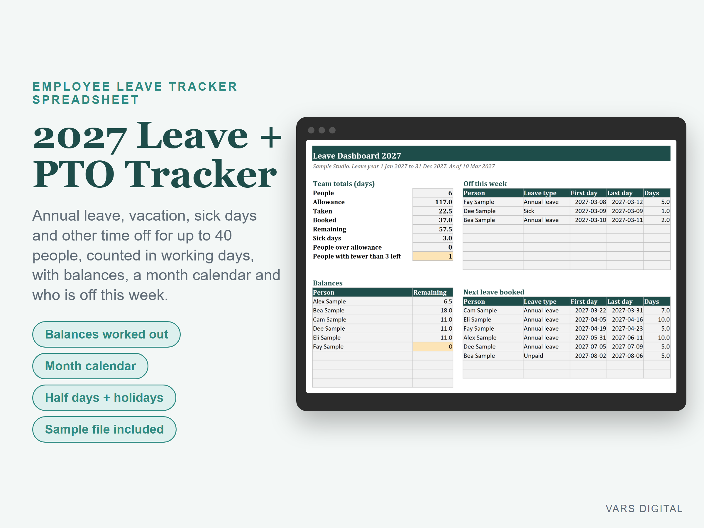 Leave and PTO Tracker 2027 spreadsheet template preview