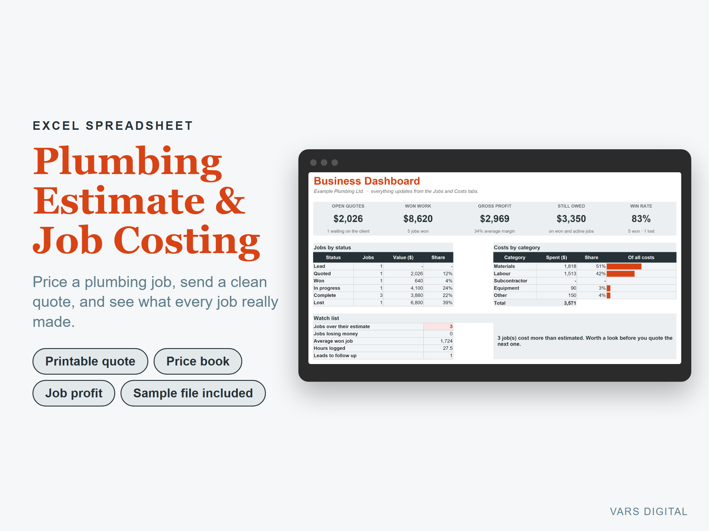 Plumbing Estimate & Job Costing spreadsheet template preview