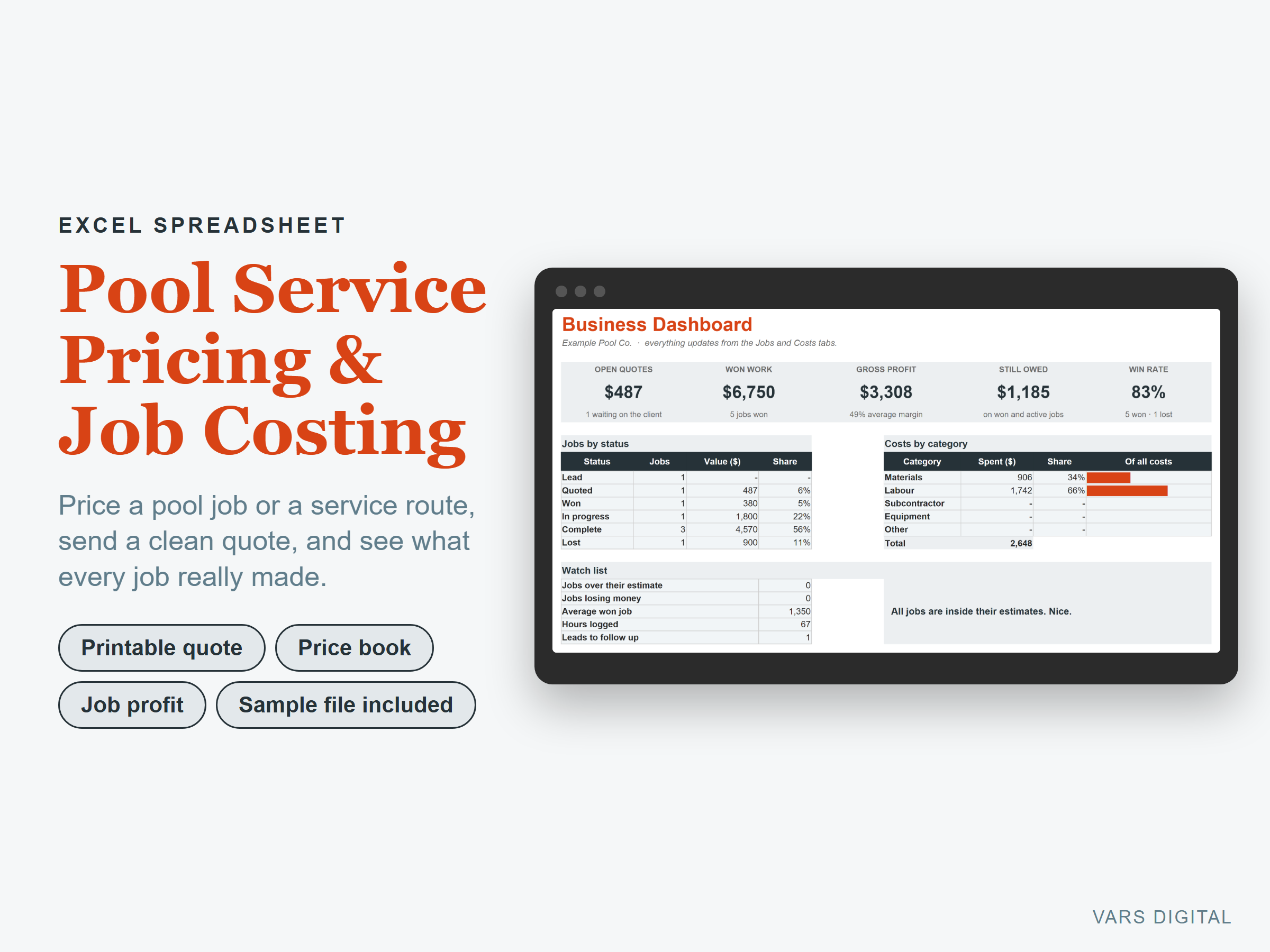 Pool Service Pricing & Job Costing spreadsheet template preview