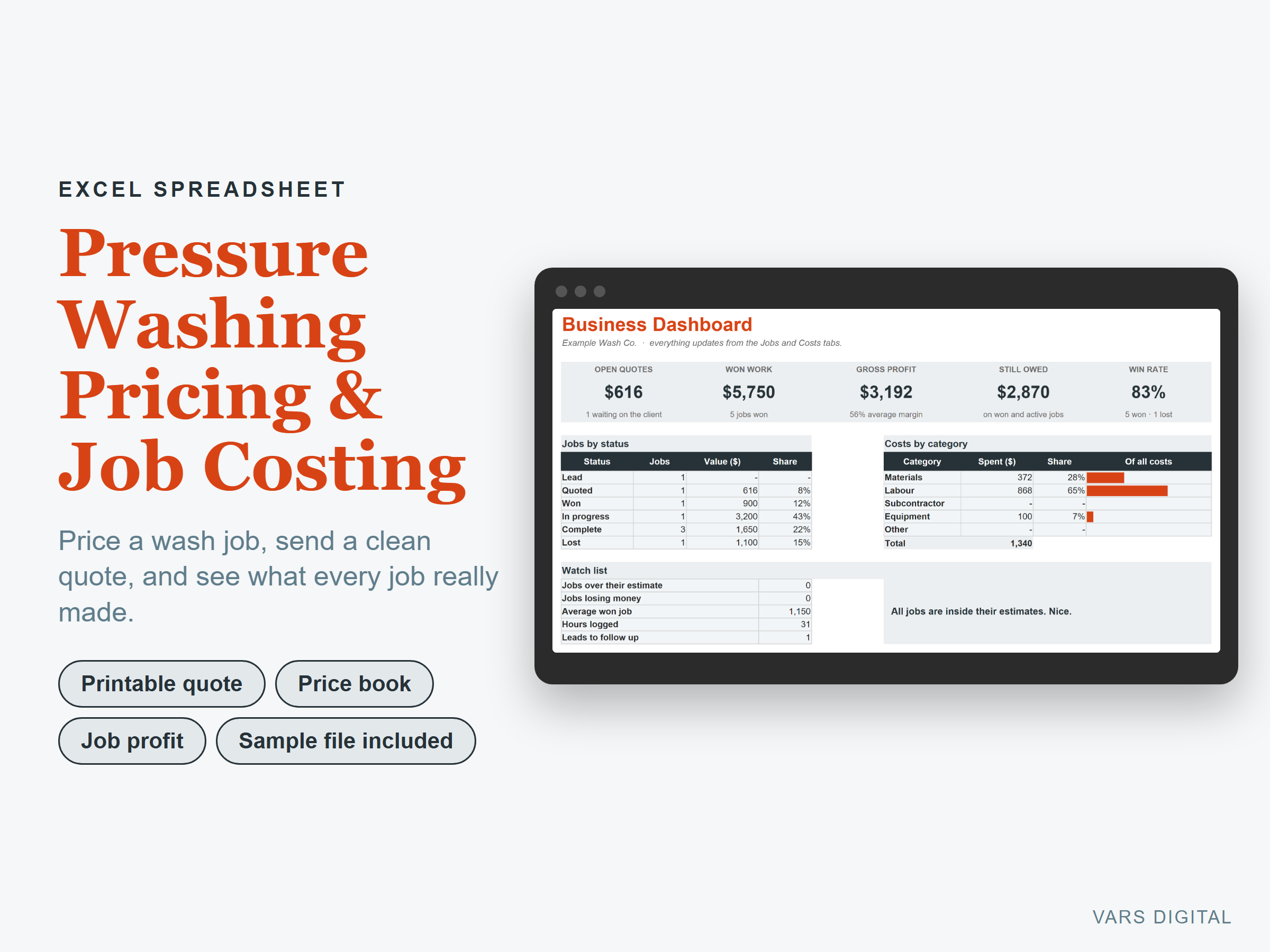 Pressure Washing Pricing & Job Costing spreadsheet template preview