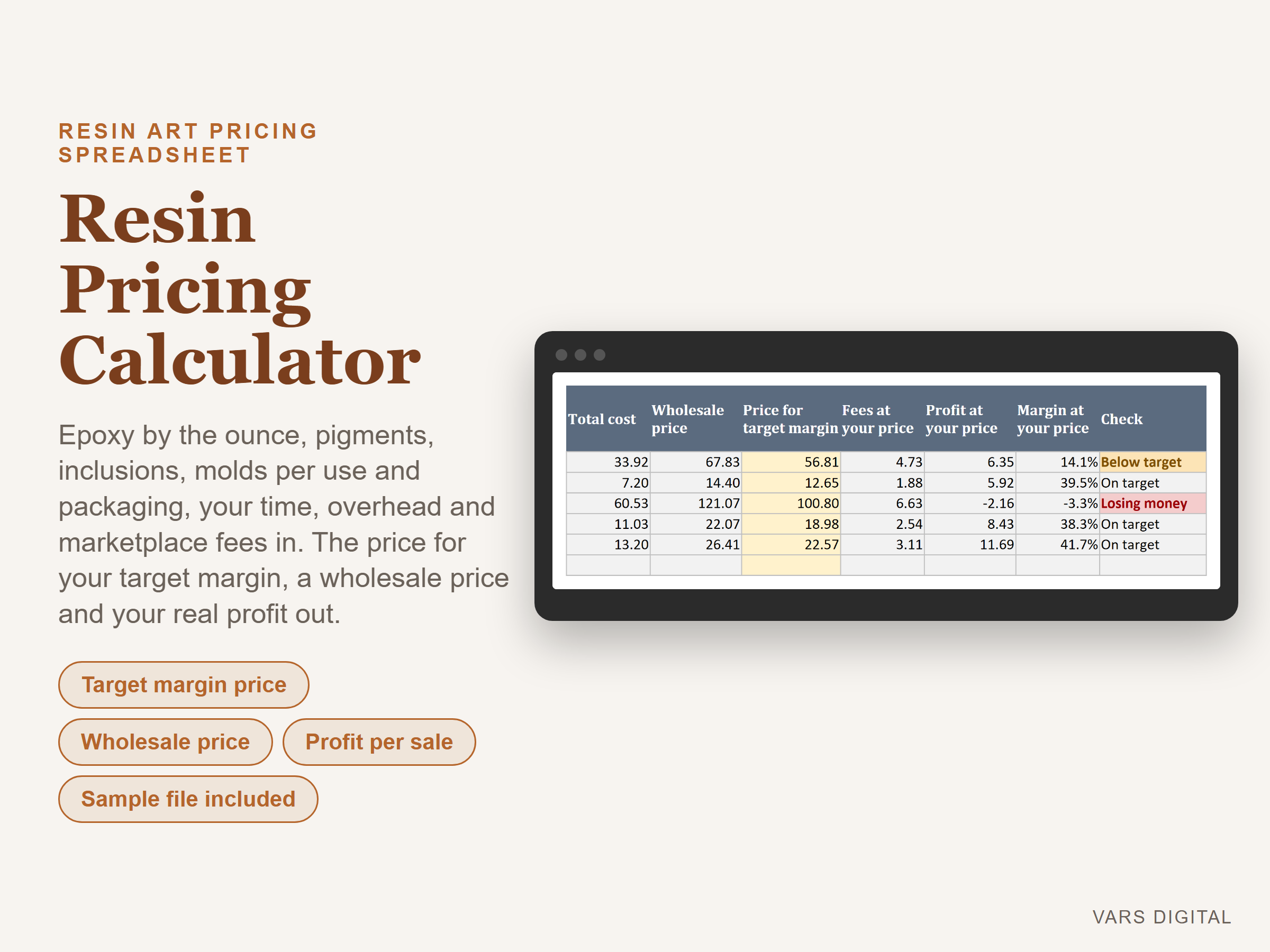 Resin Pricing Calculator spreadsheet template preview