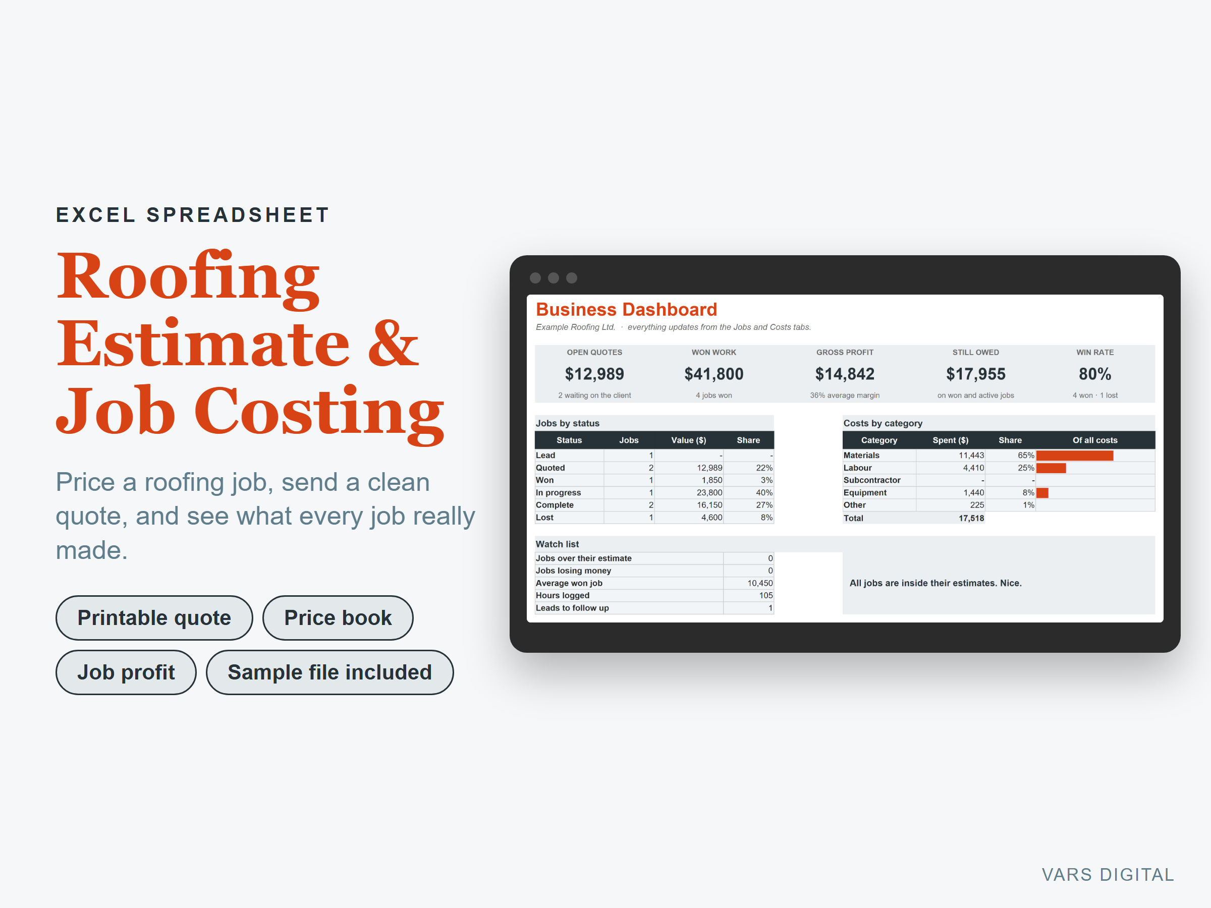 Roofing Estimate & Job Costing spreadsheet template preview