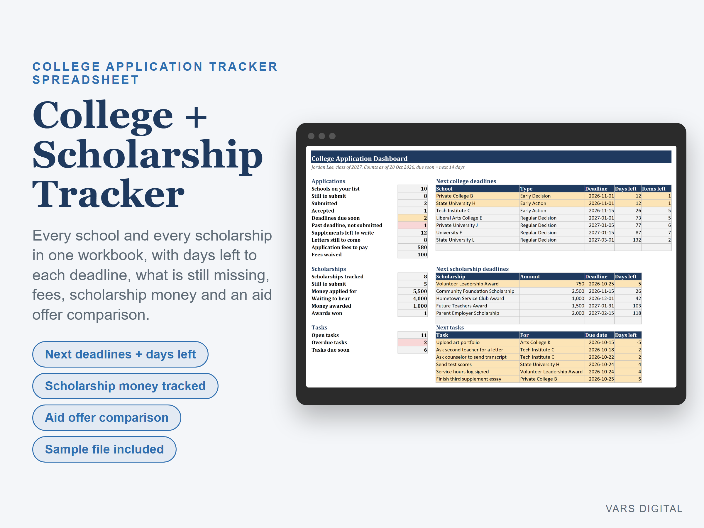 Scholarship and College Application Tracker spreadsheet template preview