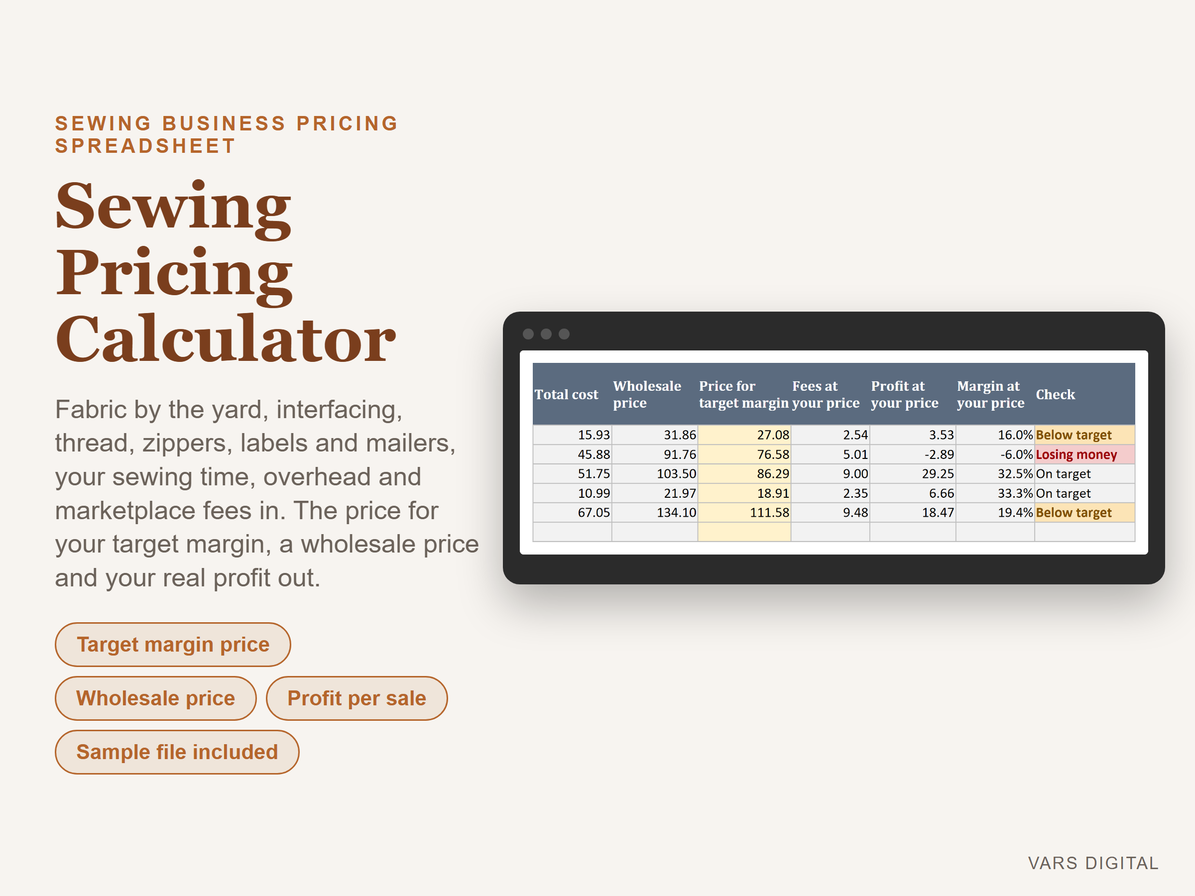 Sewing Pricing Calculator spreadsheet template preview