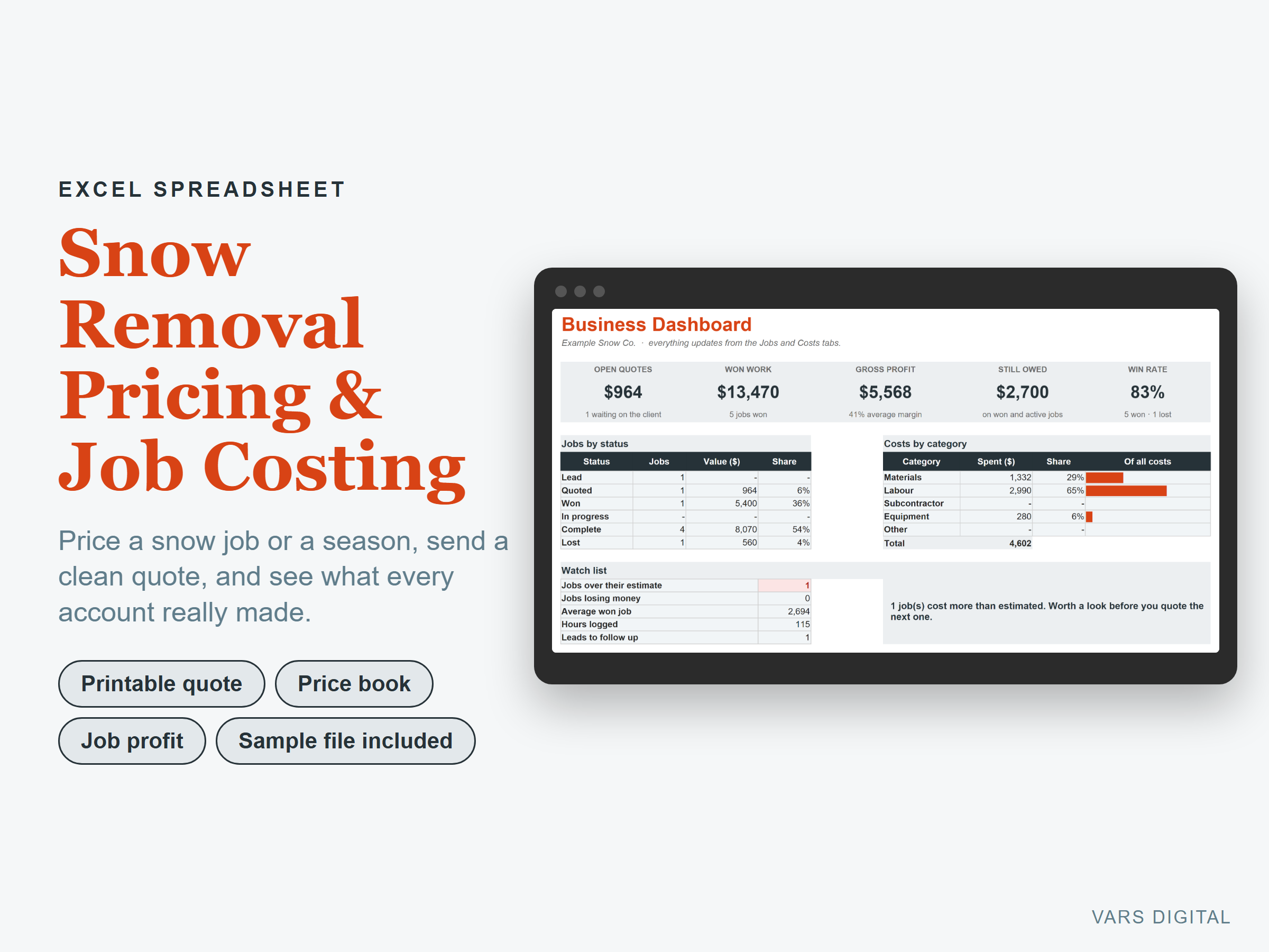 Snow Removal Pricing & Job Costing spreadsheet template preview