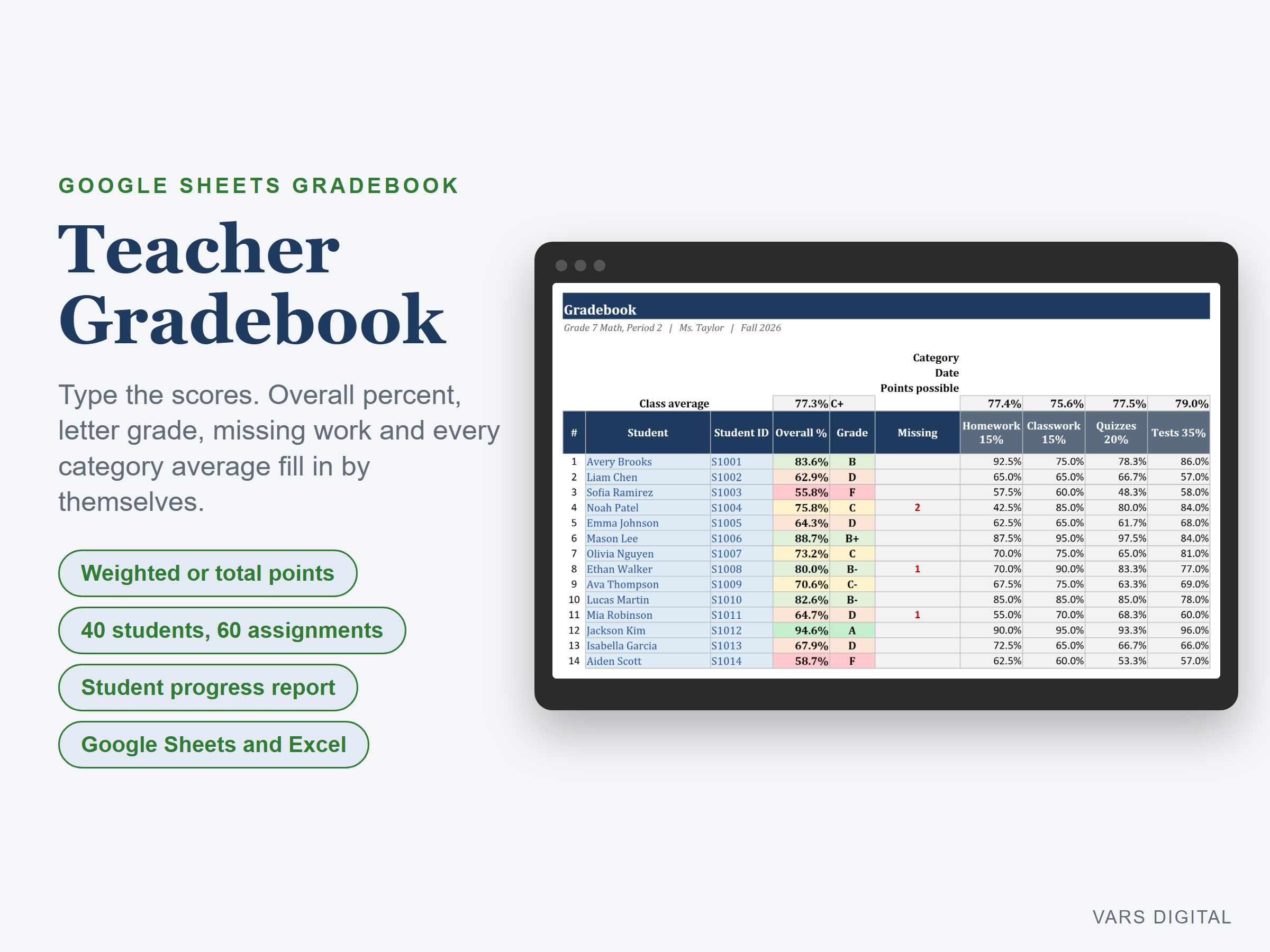 Teacher Gradebook spreadsheet template preview