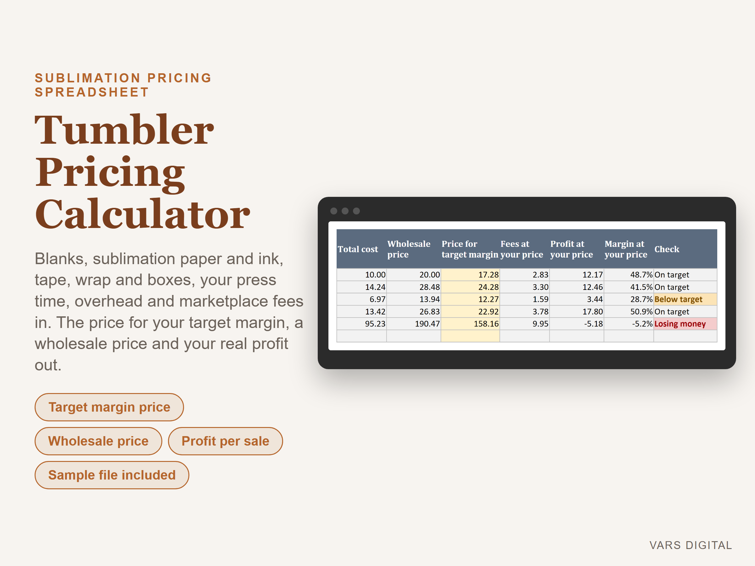 Tumbler Pricing Calculator spreadsheet template preview