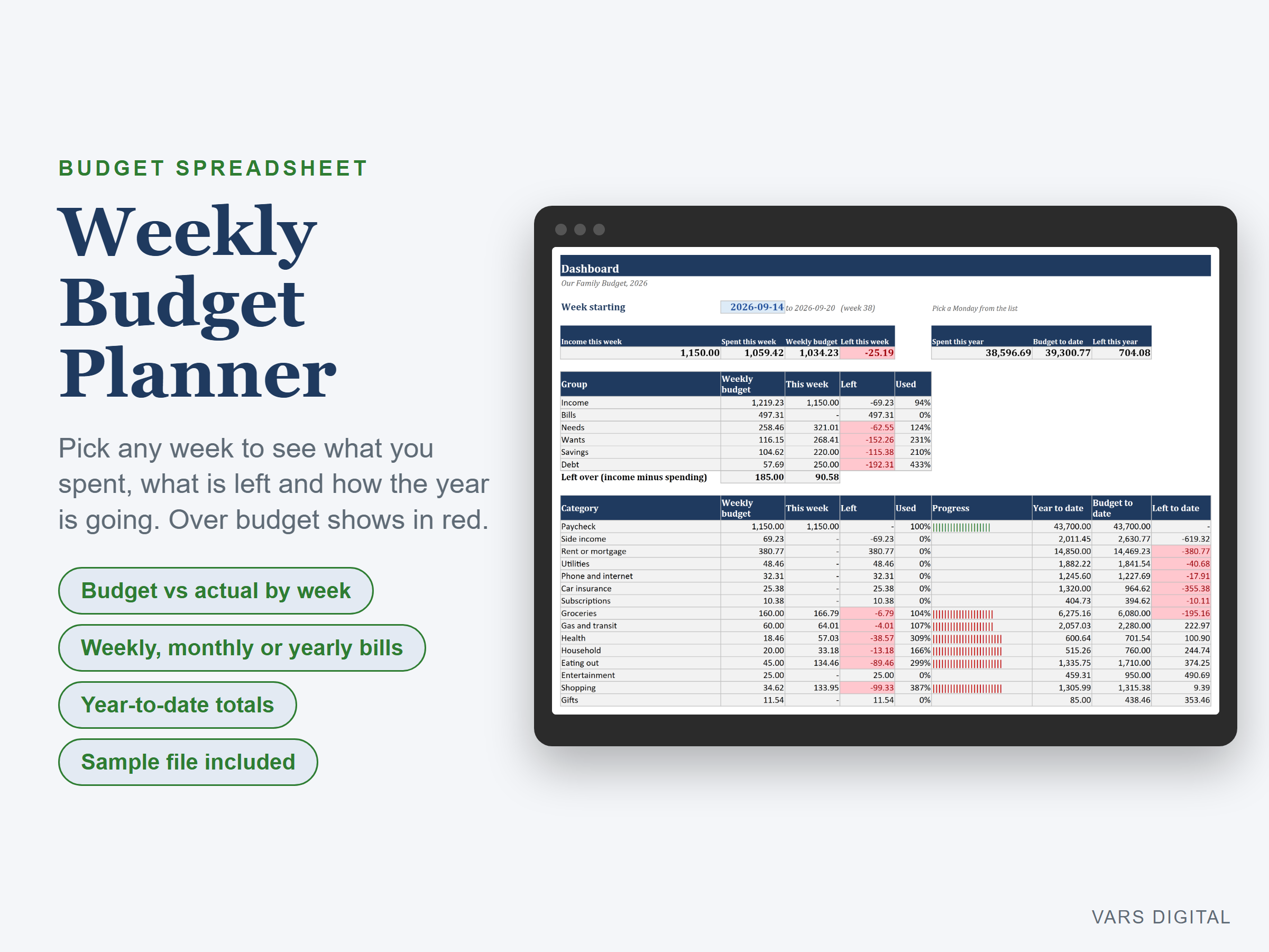 Weekly Budget Planner spreadsheet template preview