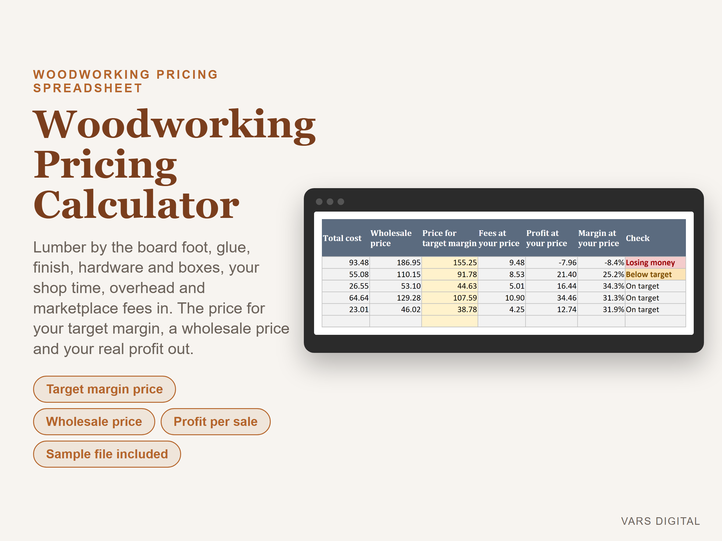 Woodworking Pricing Calculator spreadsheet template preview