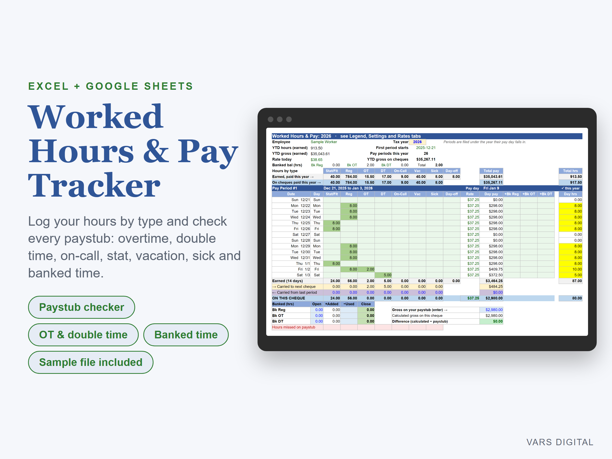 Worked Hours & Pay Tracker spreadsheet template preview